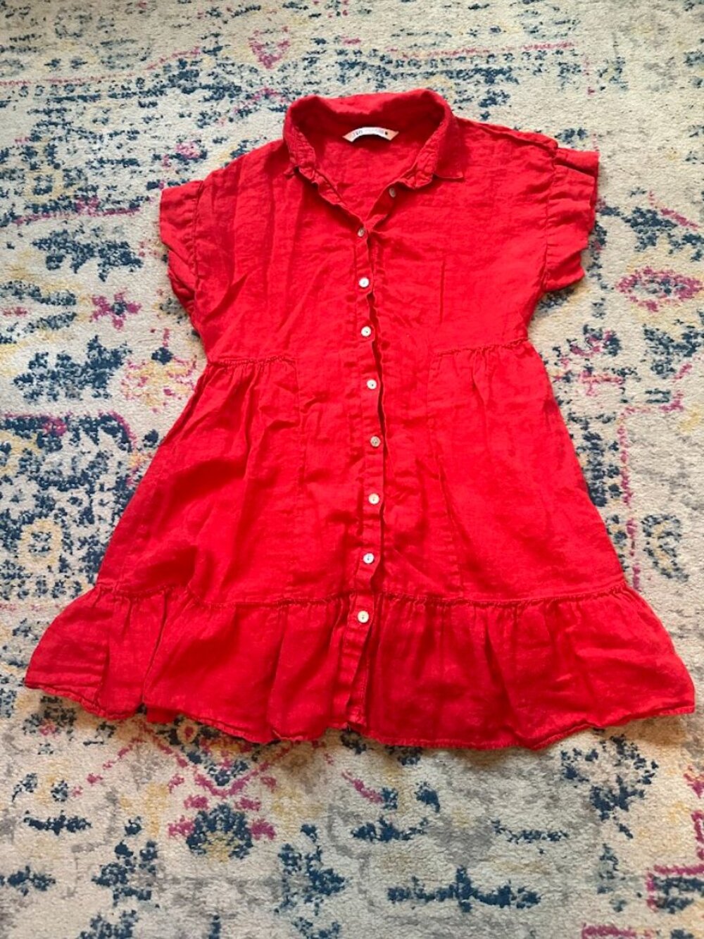Zara Women's Red 100% Linen Tiered Ruffle Button Down Babydoll Dress Tunic XS